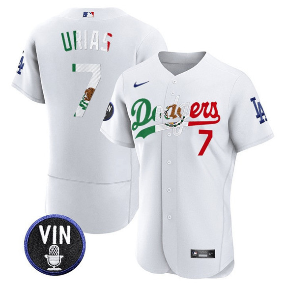 Men's White Los Angeles Dodgers #7 Julio Urias Mexico Special Vin Scully Patch Flex Base Stitched Baseball Jersey